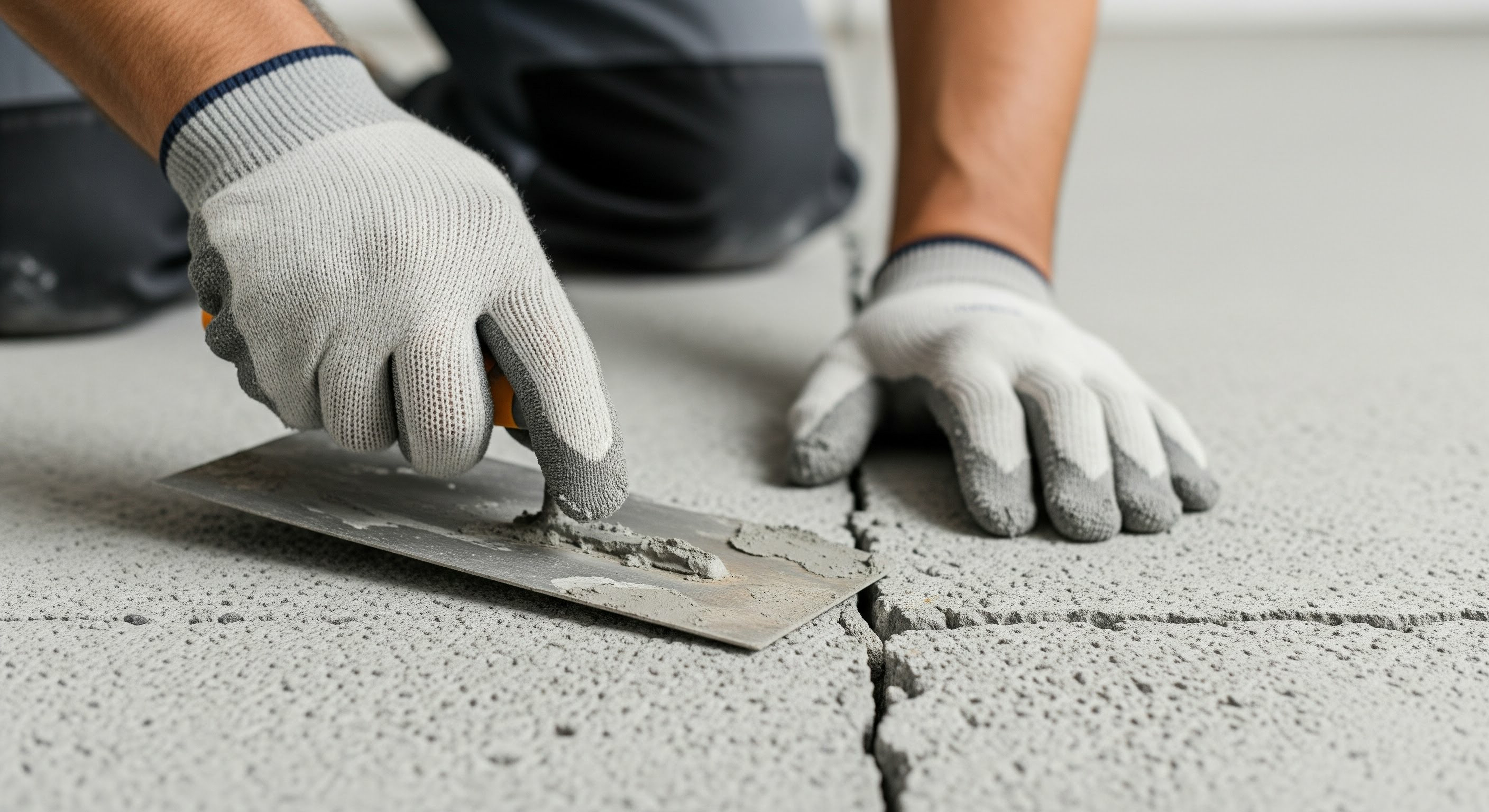 コンクリート床のクラック補修作業中の手元クローズアップ